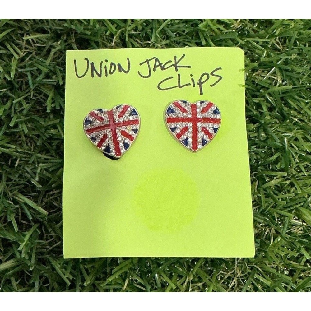 Union Jack Heart Stud Earrings UK Flag Rhinestone Fashion Earrings Silver Tone